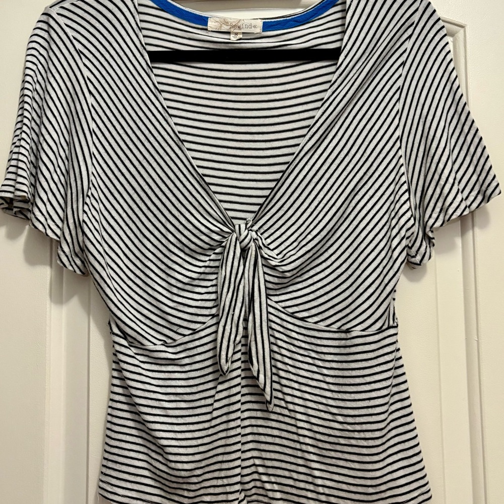 Free People Black and White Tie Front Fitted Blouse - Picture 1 of 6